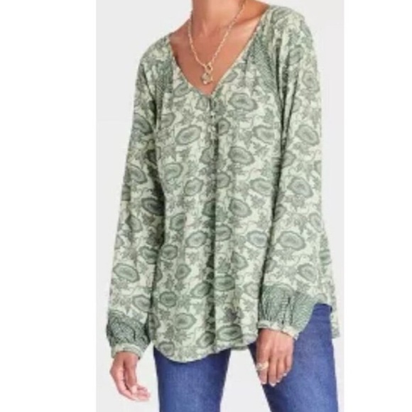Knox Rose Tops - NWT Green Floral Knox Rose Long Sleeve Tunic peasant blouse size xl